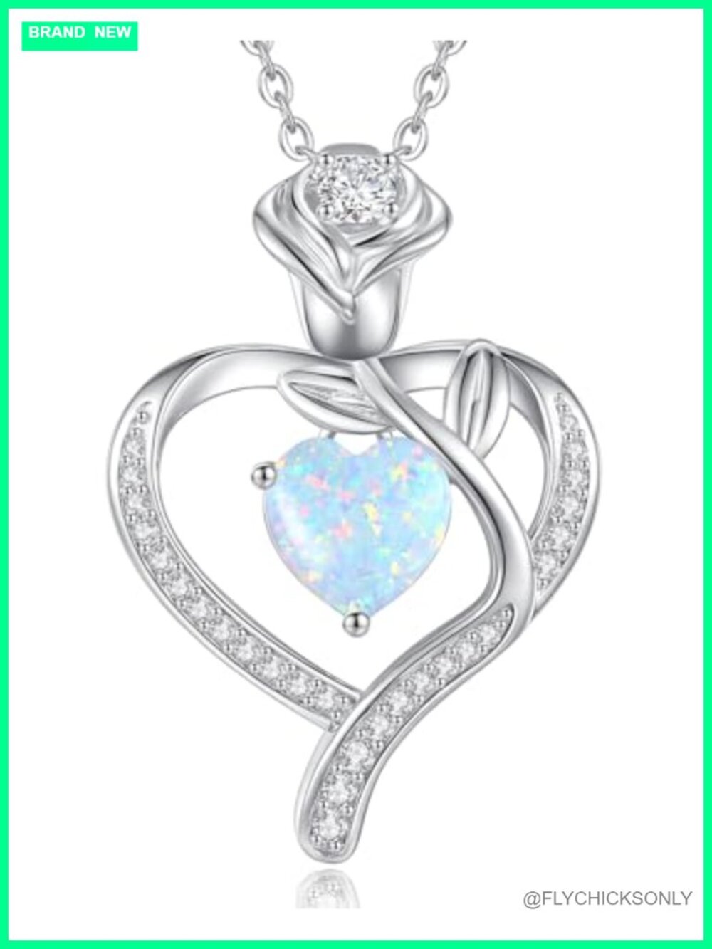 925 Sterling Silver Opal Rose Heart Birthstone Pendant Necklace Women Jewelry